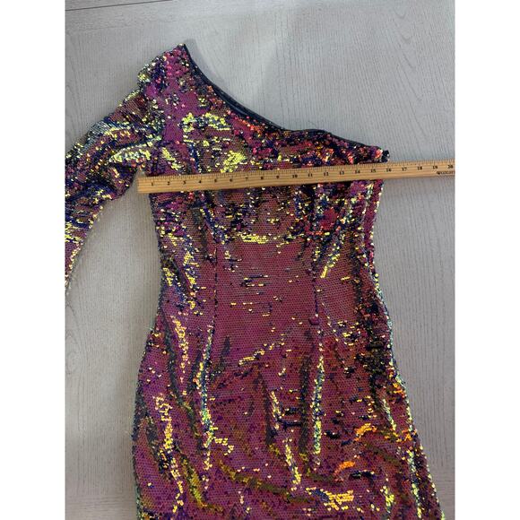 Aidan Mattox Iridescent Sequin One Shoulder Mini Cocktail Dress mermaidcore - Picture 3 of 6